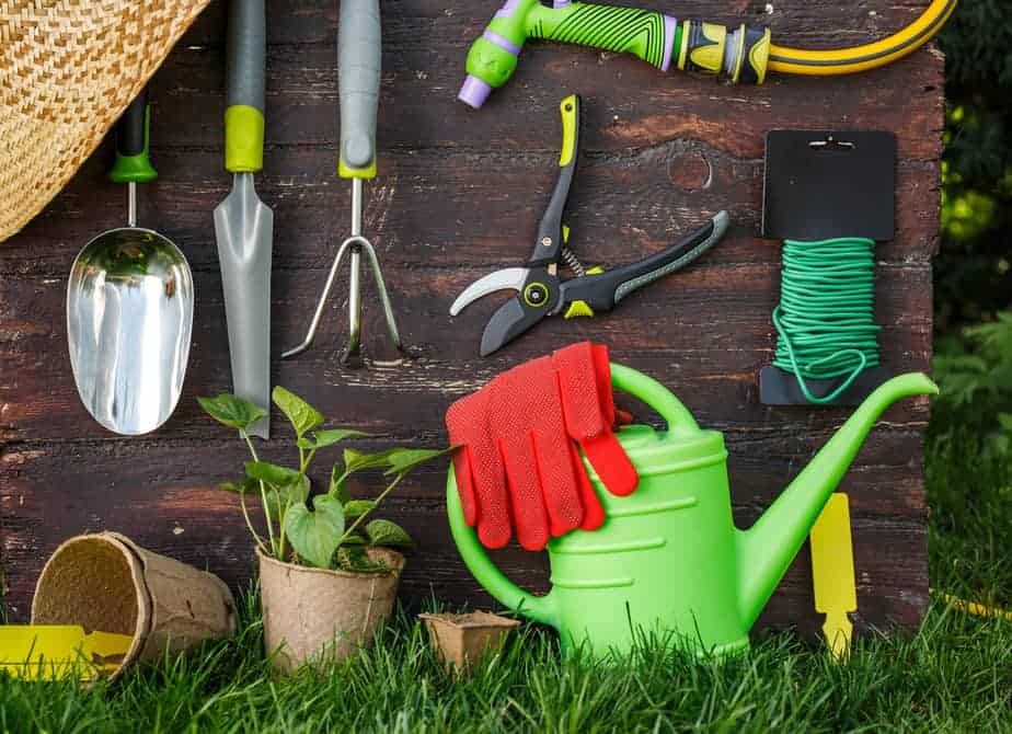 A group of gardening tools needed for container gardening: Hand trowel, Cultivator, Pruner, Soil Scoop, Watering Can, Garden Gloves, Plant ties, Water hose, Planted pot, and empty container.